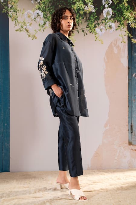 Arcvsh By Pallavi Singh Blue Silk, Chanderi Embroidery Collared Blossom Print Oversize Shirt With Pant at Aza Fashions Arcvsh By Pallavi Singh_Blue Silk, Chanderi Embroidery Collared Blossom Print Oversize Shirt With Pant _at_Aza_Fashions
