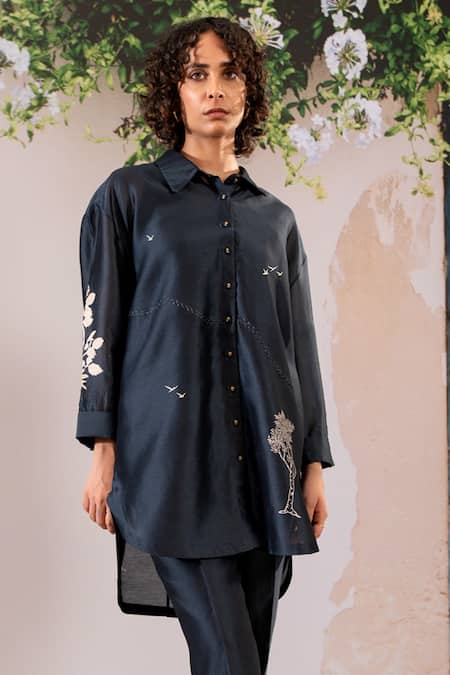 Buy Arcvsh By Pallavi Singh Blue Silk, Chanderi Embroidery Collared Blossom Print Oversize Shirt With Pant Buy_Arcvsh By Pallavi Singh_Blue Silk, Chanderi Embroidery Collared Blossom Print Oversize Shirt With Pant