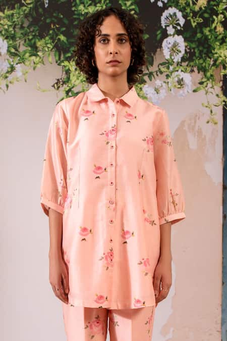 Shop Arcvsh By Pallavi Singh Pink , Chanderi Shawl Neck Rosette Print Shirt With Pant Online at Aza Fashions Shop_Arcvsh By Pallavi Singh_Pink , Chanderi Shawl Neck Rosette Print Shirt With Pant _Online_at_Aza_Fashions
