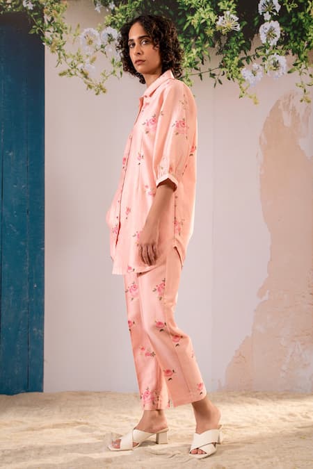 Arcvsh By Pallavi Singh Pink , Chanderi Shawl Neck Rosette Print Shirt With Pant at Aza Fashions Arcvsh By Pallavi Singh_Pink , Chanderi Shawl Neck Rosette Print Shirt With Pant _at_Aza_Fashions