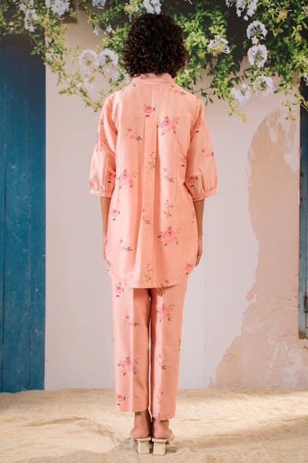 Shop Arcvsh By Pallavi Singh Pink , Chanderi Shawl Neck Rosette Print Shirt With Pant at Aza Fashions Shop_Arcvsh By Pallavi Singh_Pink , Chanderi Shawl Neck Rosette Print Shirt With Pant _at_Aza_Fashions