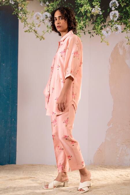 Buy Arcvsh By Pallavi Singh Pink , Chanderi Shawl Neck Rosette Print Shirt With Pant Buy_Arcvsh By Pallavi Singh_Pink , Chanderi Shawl Neck Rosette Print Shirt With Pant