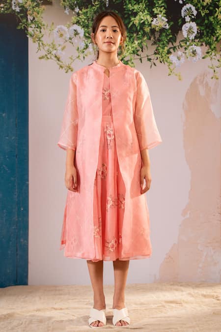 Arcvsh By Pallavi Singh Pink Cotton, Organza Embroidery V-neck, Chanderi Dahlia Print Skirt Jacket Set 