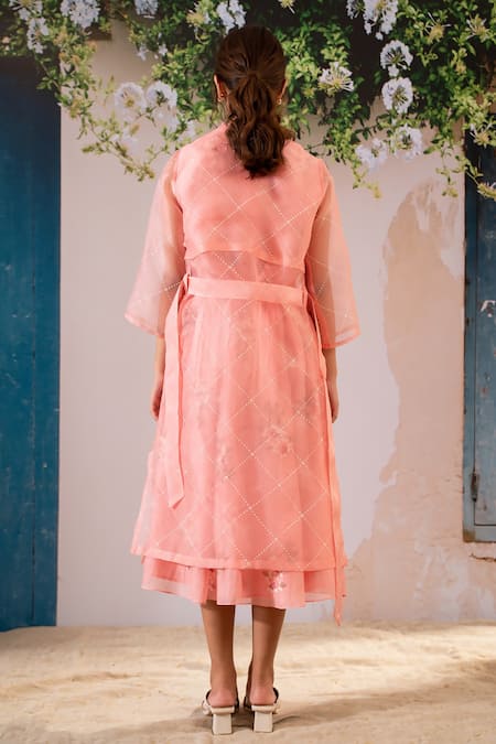 Shop Arcvsh By Pallavi Singh Pink Cotton, Organza Embroidery V-neck, Chanderi Dahlia Print Skirt Jacket Set at Aza Fashions Shop_Arcvsh By Pallavi Singh_Pink Cotton, Organza Embroidery V-neck, Chanderi Dahlia Print Skirt Jacket Set _at_Aza_Fashions