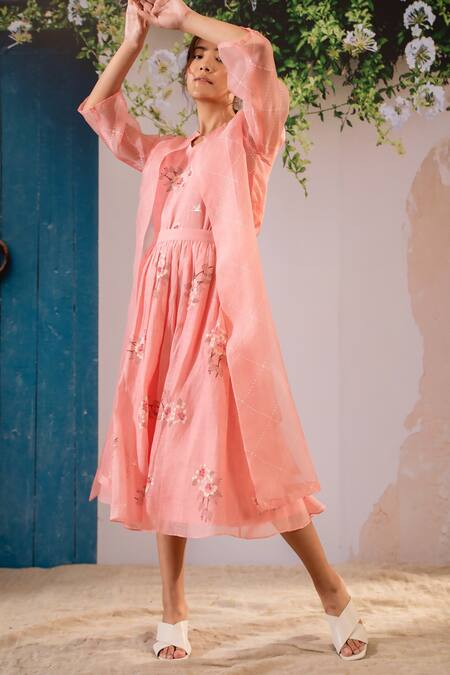 Shop Arcvsh By Pallavi Singh Pink Cotton, Organza Embroidery V-neck, Chanderi Dahlia Print Skirt Jacket Set Online at Aza Fashions Shop_Arcvsh By Pallavi Singh_Pink Cotton, Organza Embroidery V-neck, Chanderi Dahlia Print Skirt Jacket Set _Online_at_Aza_Fashions