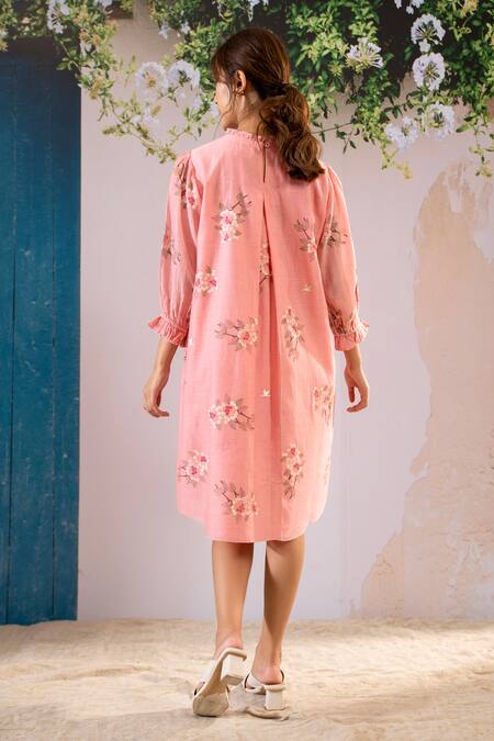 Shop Arcvsh By Pallavi Singh Pink Cotton, Chanderi Embroidery Round Neck Block Print Pleated Dress at Aza Fashions Shop_Arcvsh By Pallavi Singh_Pink Cotton, Chanderi Embroidery Round Neck Block Print Pleated Dress _at_Aza_Fashions