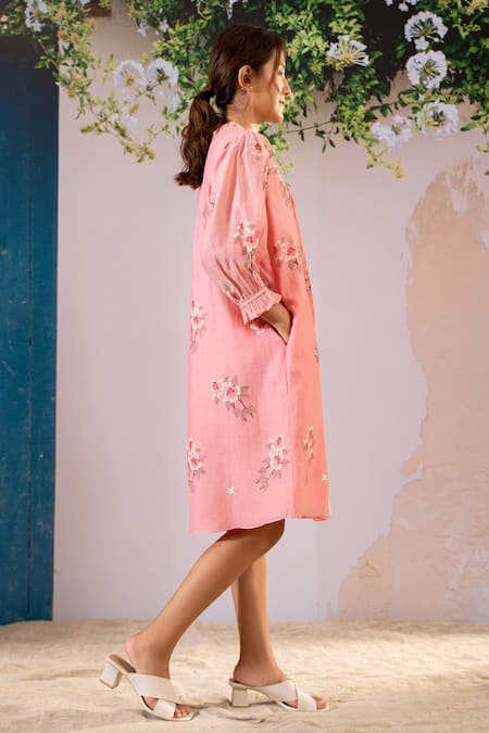 Buy Arcvsh By Pallavi Singh Pink Cotton, Chanderi Embroidery Round Neck Block Print Pleated Dress Online at Aza Fashions Buy_Arcvsh By Pallavi Singh_Pink Cotton, Chanderi Embroidery Round Neck Block Print Pleated Dress _Online_at_Aza_Fashions