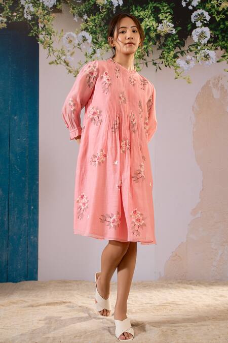 Shop Arcvsh By Pallavi Singh Pink Cotton, Chanderi Embroidery Round Neck Block Print Pleated Dress Online at Aza Fashions Shop_Arcvsh By Pallavi Singh_Pink Cotton, Chanderi Embroidery Round Neck Block Print Pleated Dress _Online_at_Aza_Fashions