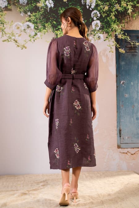 Shop Arcvsh By Pallavi Singh Purple Linen Embroidery Round Neck Floral Print Midi Dress With Belt at Aza Fashions Shop_Arcvsh By Pallavi Singh_Purple Linen Embroidery Round Neck Floral Print Midi Dress With Belt _at_Aza_Fashions