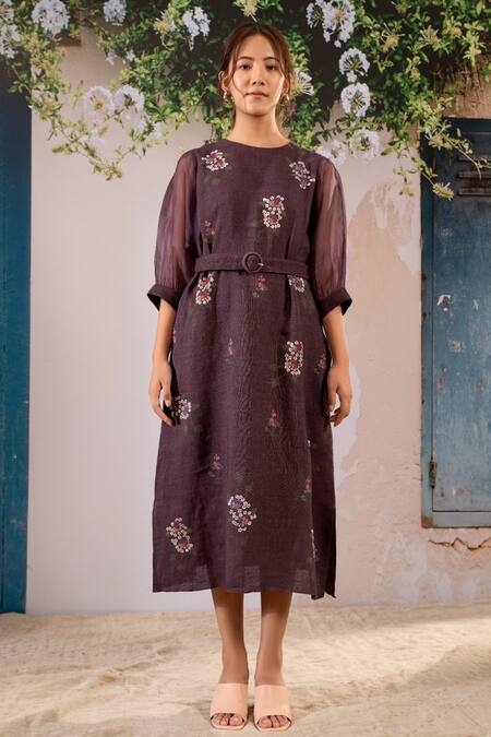 Arcvsh By Pallavi Singh Purple Linen Embroidery Round Neck Floral Print Midi Dress With Belt Online at Aza Fashions Arcvsh By Pallavi Singh_Purple Linen Embroidery Round Neck Floral Print Midi Dress With Belt _Online_at_Aza_Fashions