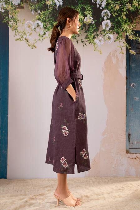 Buy Arcvsh By Pallavi Singh Purple Linen Embroidery Round Neck Floral Print Midi Dress With Belt Online at Aza Fashions Buy_Arcvsh By Pallavi Singh_Purple Linen Embroidery Round Neck Floral Print Midi Dress With Belt _Online_at_Aza_Fashions