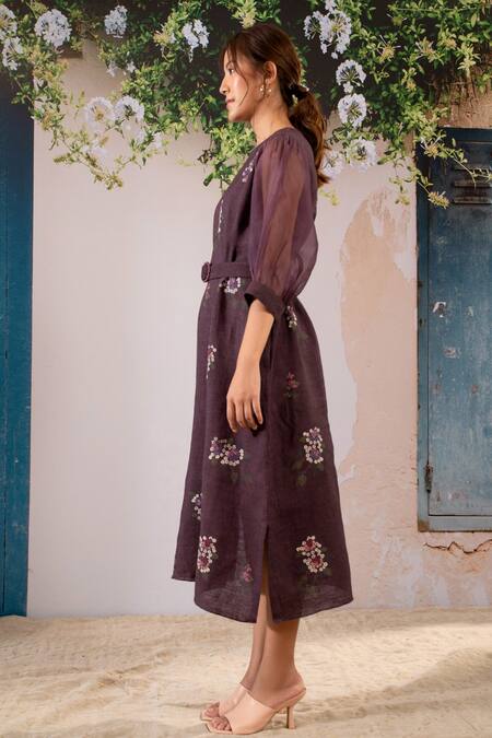 Shop Arcvsh By Pallavi Singh Purple Linen Embroidery Round Neck Floral Print Midi Dress With Belt Online at Aza Fashions Shop_Arcvsh By Pallavi Singh_Purple Linen Embroidery Round Neck Floral Print Midi Dress With Belt _Online_at_Aza_Fashions