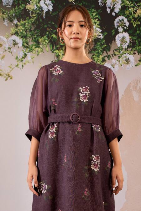Arcvsh By Pallavi Singh Purple Linen Embroidery Round Neck Floral Print Midi Dress With Belt at Aza Fashions Arcvsh By Pallavi Singh_Purple Linen Embroidery Round Neck Floral Print Midi Dress With Belt _at_Aza_Fashions