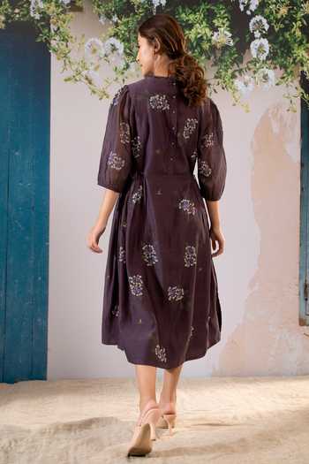 Shop Arcvsh By Pallavi Singh Purple Chanderi, Cotton Embroidery Round Neck Dahlia Block Print Midi Dress at Aza Fashions Shop_Arcvsh By Pallavi Singh_Purple Chanderi, Cotton Embroidery Round Neck Dahlia Block Print Midi Dress _at_Aza_Fashions
