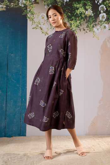 Arcvsh By Pallavi Singh Purple Chanderi, Cotton Embroidery Round Neck Dahlia Block Print Midi Dress Online at Aza Fashions Arcvsh By Pallavi Singh_Purple Chanderi, Cotton Embroidery Round Neck Dahlia Block Print Midi Dress _Online_at_Aza_Fashions