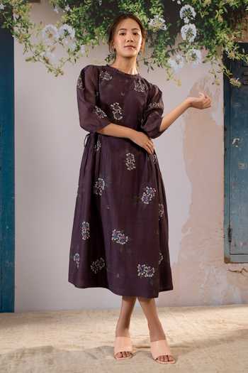 Buy Arcvsh By Pallavi Singh Purple Chanderi, Cotton Embroidery Round Neck Dahlia Block Print Midi Dress Online at Aza Fashions Buy_Arcvsh By Pallavi Singh_Purple Chanderi, Cotton Embroidery Round Neck Dahlia Block Print Midi Dress _Online_at_Aza_Fashions