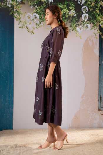 Shop Arcvsh By Pallavi Singh Purple Chanderi, Cotton Embroidery Round Neck Dahlia Block Print Midi Dress Online at Aza Fashions Shop_Arcvsh By Pallavi Singh_Purple Chanderi, Cotton Embroidery Round Neck Dahlia Block Print Midi Dress _Online_at_Aza_Fashions