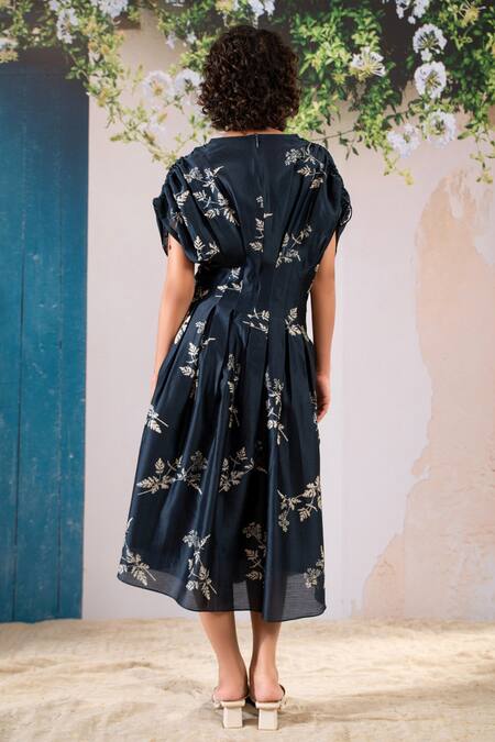 Arcvsh By Pallavi Singh_Blue Silk, Chanderi Embroidery Round Neck Box Pleat Midi Dress _Online_at_Aza_Fashions