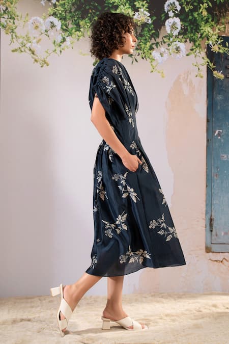 Buy_Arcvsh By Pallavi Singh_Blue Silk, Chanderi Embroidery Round Neck Box Pleat Midi Dress _Online_at_Aza_Fashions