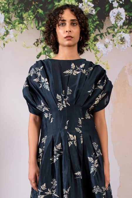 Shop_Arcvsh By Pallavi Singh_Blue Silk, Chanderi Embroidery Round Neck Box Pleat Midi Dress _Online_at_Aza_Fashions