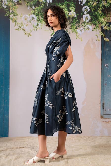 Arcvsh By Pallavi Singh_Blue Silk, Chanderi Embroidery Round Neck Box Pleat Midi Dress _at_Aza_Fashions