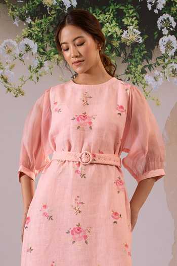 Arcvsh By Pallavi Singh Pink Linen, Organza Embroidery Round Neck Digital Floral Print Dress Online at Aza Fashions Arcvsh By Pallavi Singh_Pink Linen, Organza Embroidery Round Neck Digital Floral Print Dress _Online_at_Aza_Fashions