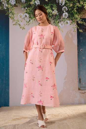 Buy Arcvsh By Pallavi Singh Pink Linen, Organza Embroidery Round Neck Digital Floral Print Dress Online at Aza Fashions Buy_Arcvsh By Pallavi Singh_Pink Linen, Organza Embroidery Round Neck Digital Floral Print Dress _Online_at_Aza_Fashions