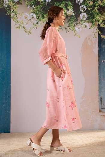 Shop Arcvsh By Pallavi Singh Pink Linen, Organza Embroidery Round Neck Digital Floral Print Dress Online at Aza Fashions Shop_Arcvsh By Pallavi Singh_Pink Linen, Organza Embroidery Round Neck Digital Floral Print Dress _Online_at_Aza_Fashions