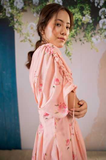 Shop Arcvsh By Pallavi Singh Pink Silk, Chanderi Round Neck Floral Print Box Pleat Dress Online at Aza Fashions Shop_Arcvsh By Pallavi Singh_Pink Silk, Chanderi Round Neck Floral Print Box Pleat Dress _Online_at_Aza_Fashions
