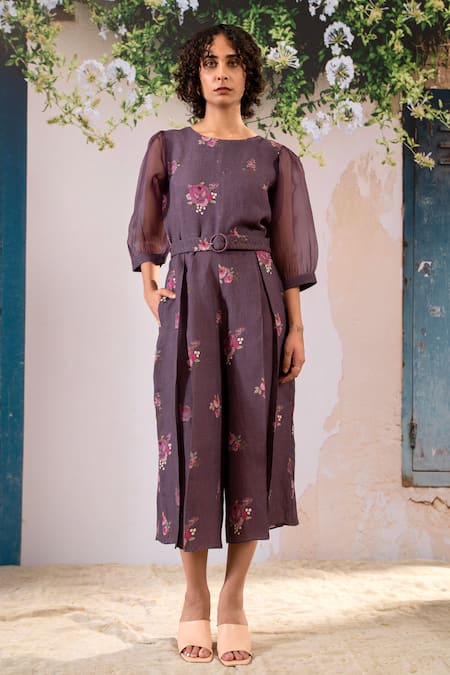 Arcvsh by Pallavi Singh Linen Digital Print Jumpsuit With Belt 