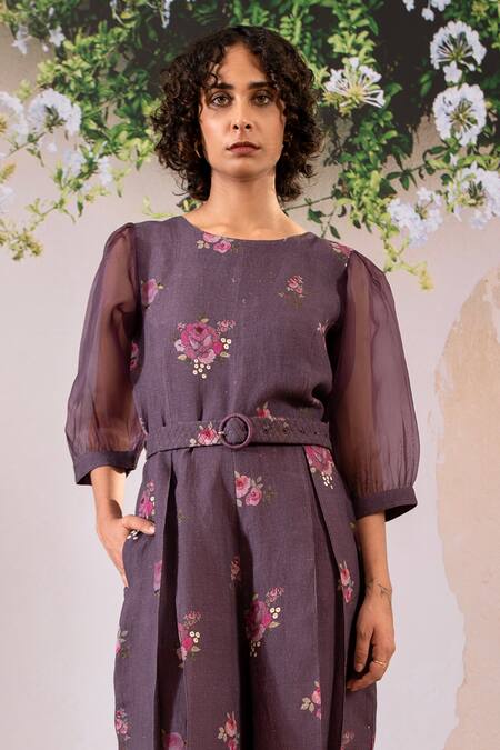 Arcvsh By Pallavi Singh_Purple Linen, Organza Buckles Round Neck Digital Print Jumpsuit With Belt _Online_at_Aza_Fashions