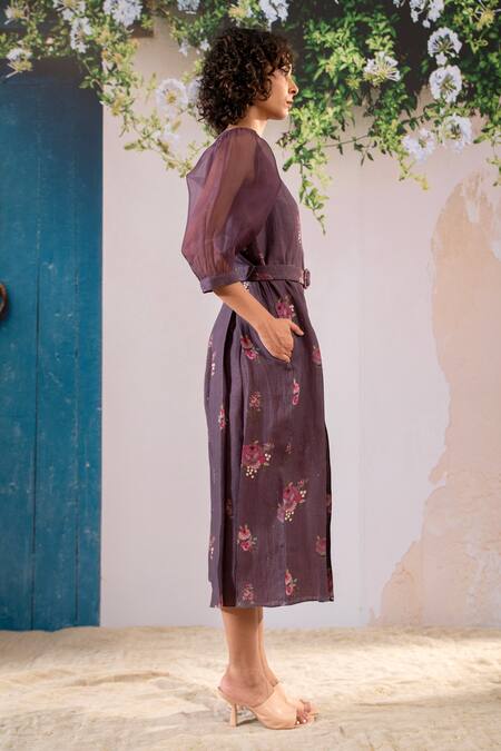 Buy_Arcvsh By Pallavi Singh_Purple Linen, Organza Buckles Round Neck Digital Print Jumpsuit With Belt _Online_at_Aza_Fashions