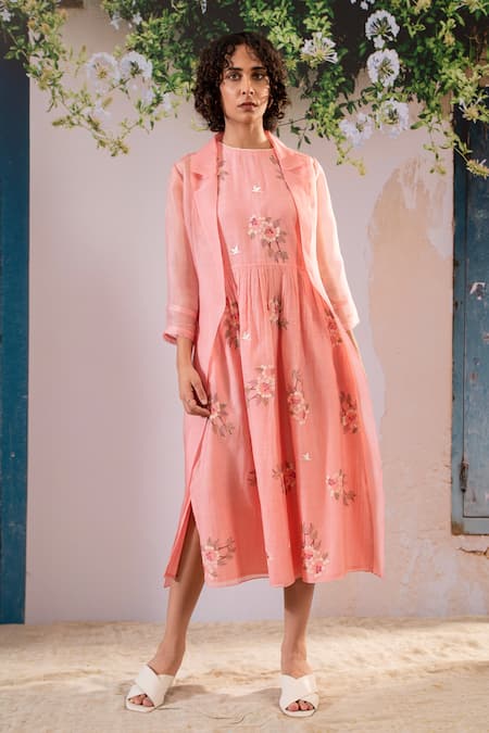 Arcvsh By Pallavi Singh Pink Cotton, Chanderi, Organza Embroidery Round Neck, Gathered Dress With Jacket
