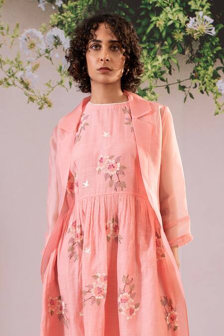 Arcvsh By Pallavi Singh_Pink Cotton, Chanderi, Organza Embroidery Round Neck, Gathered Dress With Jacket _Online_at_Aza_Fashions