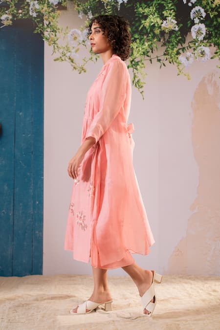 Shop_Arcvsh By Pallavi Singh_Pink Cotton, Chanderi, Organza Embroidery Round Neck, Gathered Dress With Jacket _Online_at_Aza_Fashions