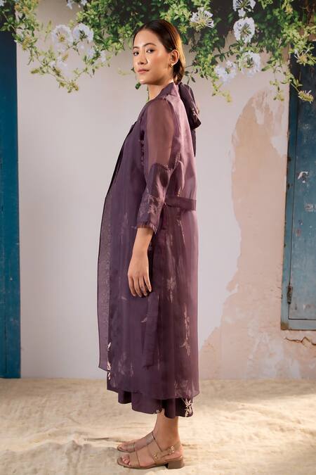 Arcvsh By Pallavi Singh_Purple Bamboo, Organza Embroidery Round Floral Print Midi Dress With Jacket _Online_at_Aza_Fashions