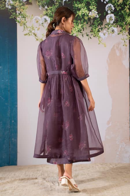 Arcvsh By Pallavi Singh Linen Floral Print Dress With Organza Jacket 