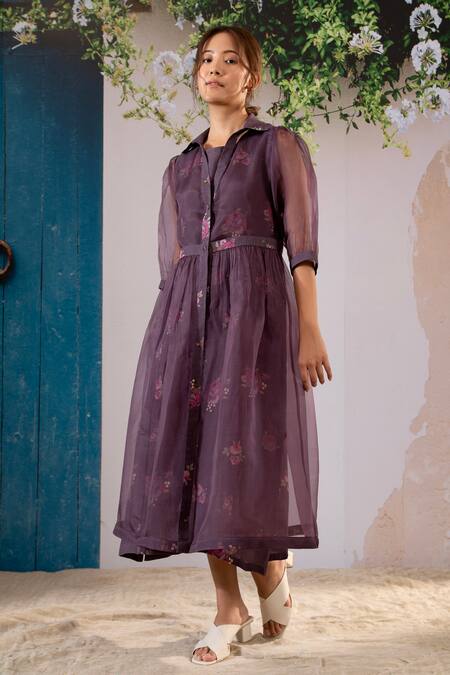 Buy_Arcvsh By Pallavi Singh_Purple Linen, Organza Embroidery Round Neck, Floral Print Dress With Jacket _Online_at_Aza_Fashions