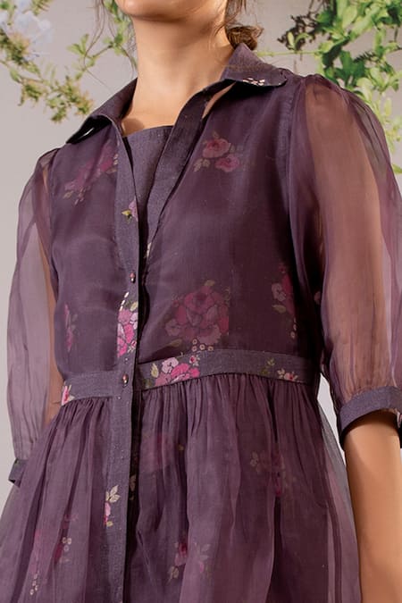 Shop_Arcvsh By Pallavi Singh_Purple Linen, Organza Embroidery Round Neck, Floral Print Dress With Jacket _Online_at_Aza_Fashions
