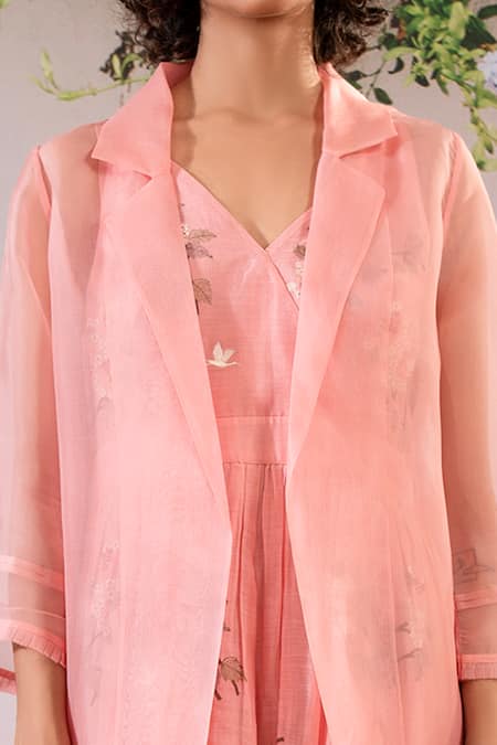 Arcvsh By Pallavi Singh_Pink Cotton, Chanderi, Organza Embroidery V-neck, Floral Print Dress With Jacket _Online_at_Aza_Fashions