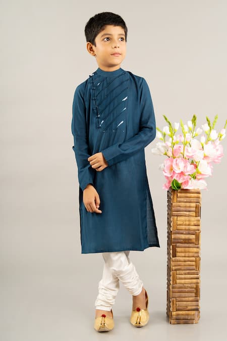 Little Brats Placed Stripe Pattern Placket Kurta With Churidar 