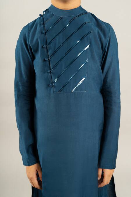 Little Brats Blue Kota Doria, Silk Placed Stripe Pattern Placket Kurta With Churidar Online at Aza Fashions Little Brats_Blue Kota Doria, Silk Placed Stripe Pattern Placket Kurta With Churidar _Online_at_Aza_Fashions
