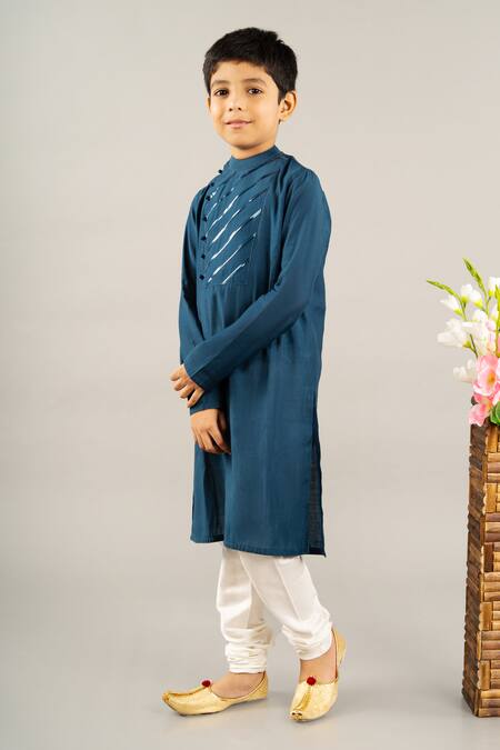 Buy Little Brats Blue Kota Doria, Silk Placed Stripe Pattern Placket Kurta With Churidar Online at Aza Fashions Buy_Little Brats_Blue Kota Doria, Silk Placed Stripe Pattern Placket Kurta With Churidar _Online_at_Aza_Fashions
