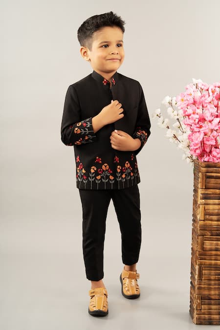 Little Brats Black Viscose Blend Embroidered Floral Placed Prince Coat With Pant 