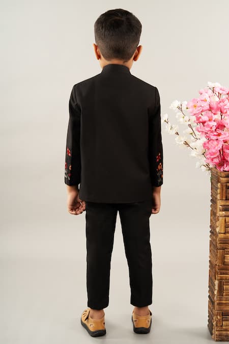 Shop Little Brats Black Viscose, Satin Embroidery Placed Floral Prince Coat With Pant at Aza Fashions Shop_Little Brats_Black Viscose, Satin Embroidery Placed Floral Prince Coat With Pant _at_Aza_Fashions