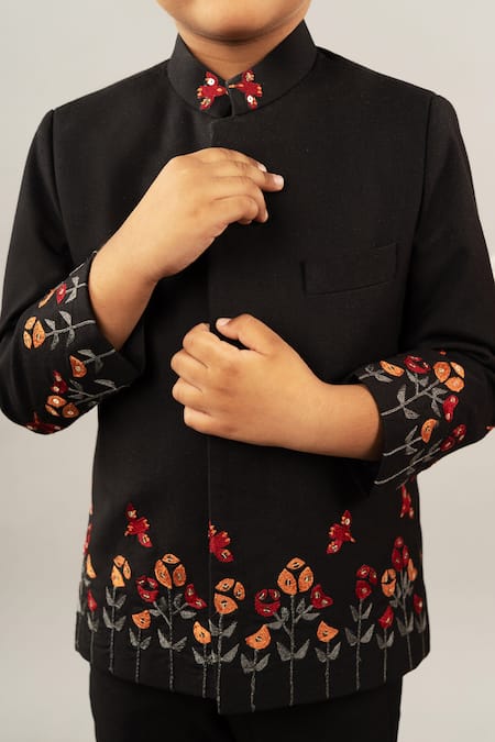 Little Brats Black Viscose, Satin Embroidery Placed Floral Prince Coat With Pant Online at Aza Fashions Little Brats_Black Viscose, Satin Embroidery Placed Floral Prince Coat With Pant _Online_at_Aza_Fashions