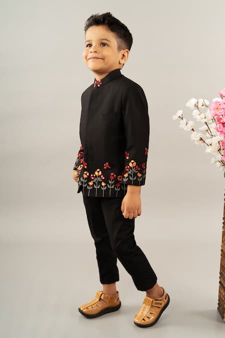 Buy Little Brats Black Viscose, Satin Embroidery Placed Floral Prince Coat With Pant Online at Aza Fashions Buy_Little Brats_Black Viscose, Satin Embroidery Placed Floral Prince Coat With Pant _Online_at_Aza_Fashions