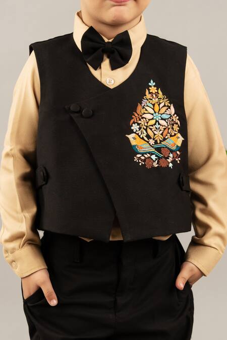 Little Brats_Beige Cotton, Viscose Embroidery Placed Floral Waistcoat Pant Set _Online_at_Aza_Fashions