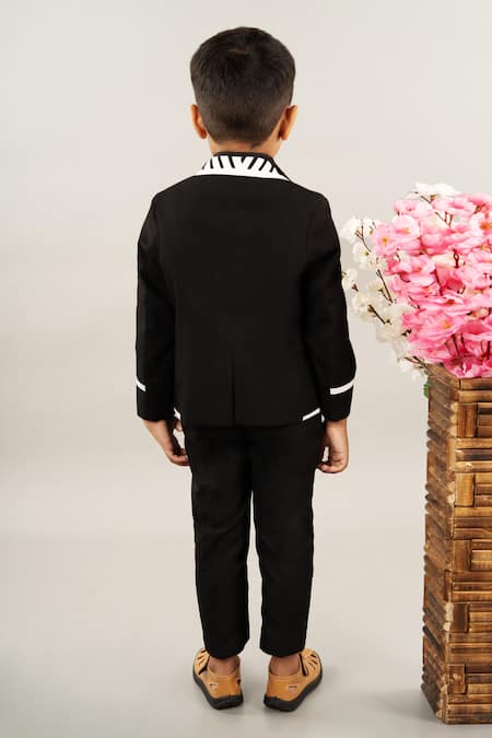 Shop Little Brats Black Viscose, Satin Contrast Stripe Pattern Jacket And Pant Set at Aza Fashions Shop_Little Brats_Black Viscose, Satin Contrast Stripe Pattern Jacket And Pant Set _at_Aza_Fashions