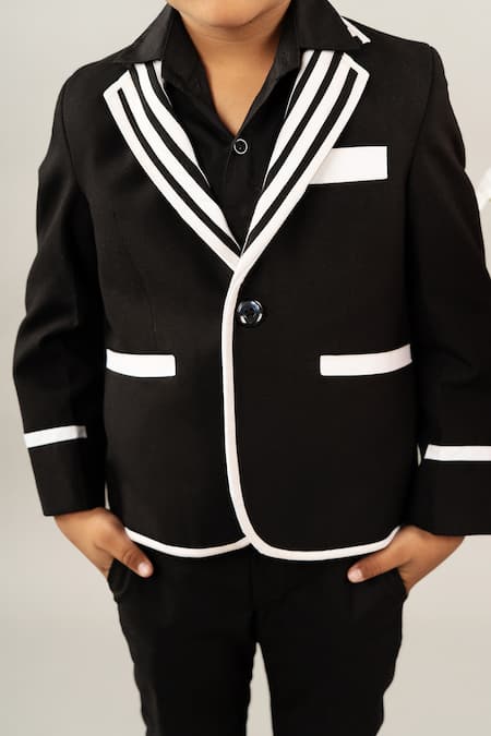 Little Brats Black Viscose, Satin Contrast Stripe Pattern Jacket And Pant Set Online at Aza Fashions Little Brats_Black Viscose, Satin Contrast Stripe Pattern Jacket And Pant Set _Online_at_Aza_Fashions